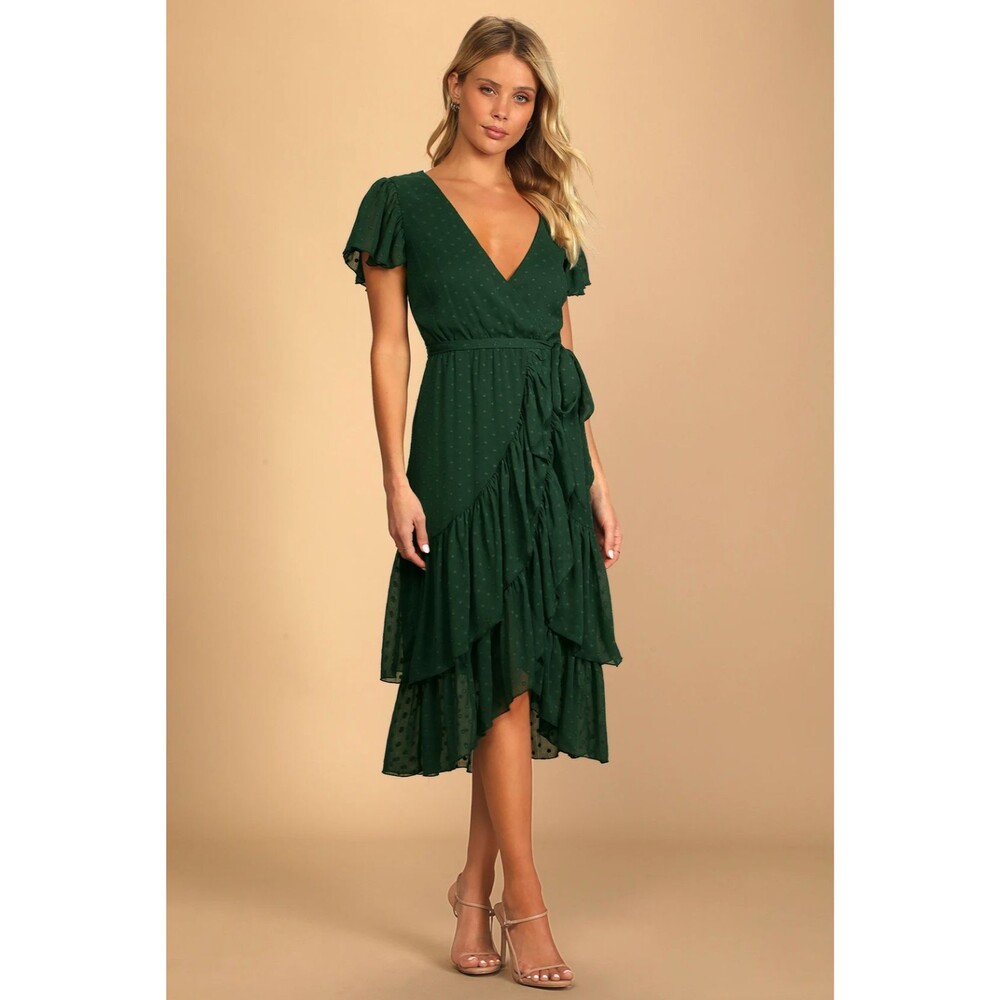Lulus Have Harmony Dark Green Swiss Dot Ruffled Faux Wrap Midi Dress Women M NWT